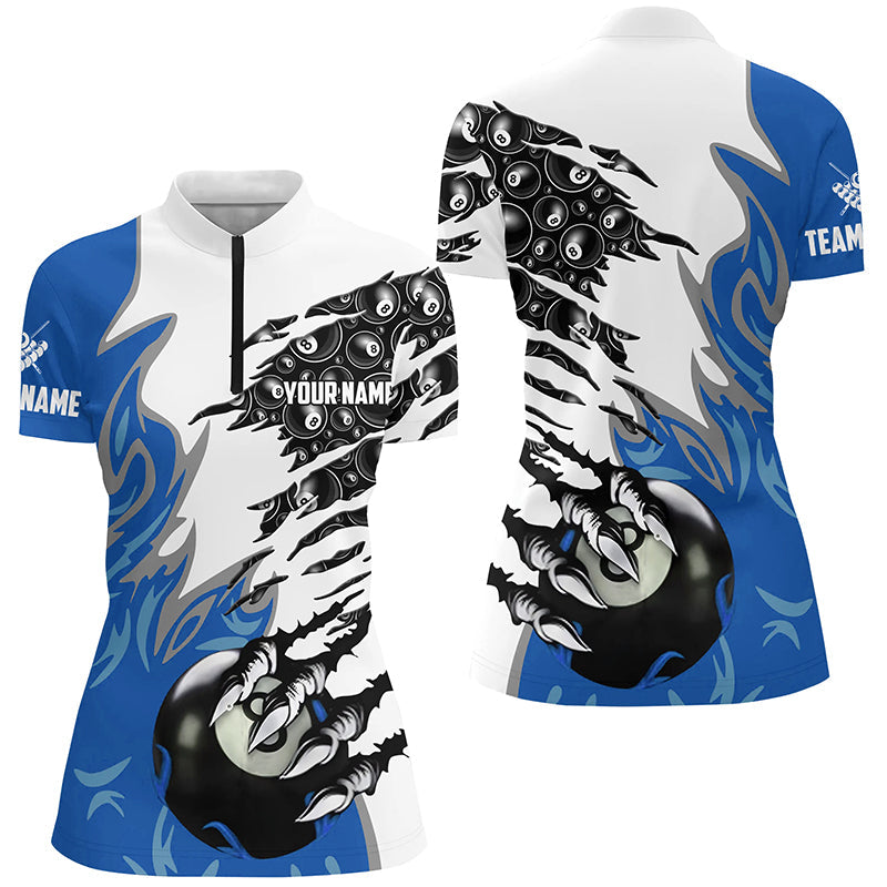 Personalized Claw 8 Ball Pool Blue 3D Billiard Women Quarter-Zip Shirts, Billiard Apparel TDM0577