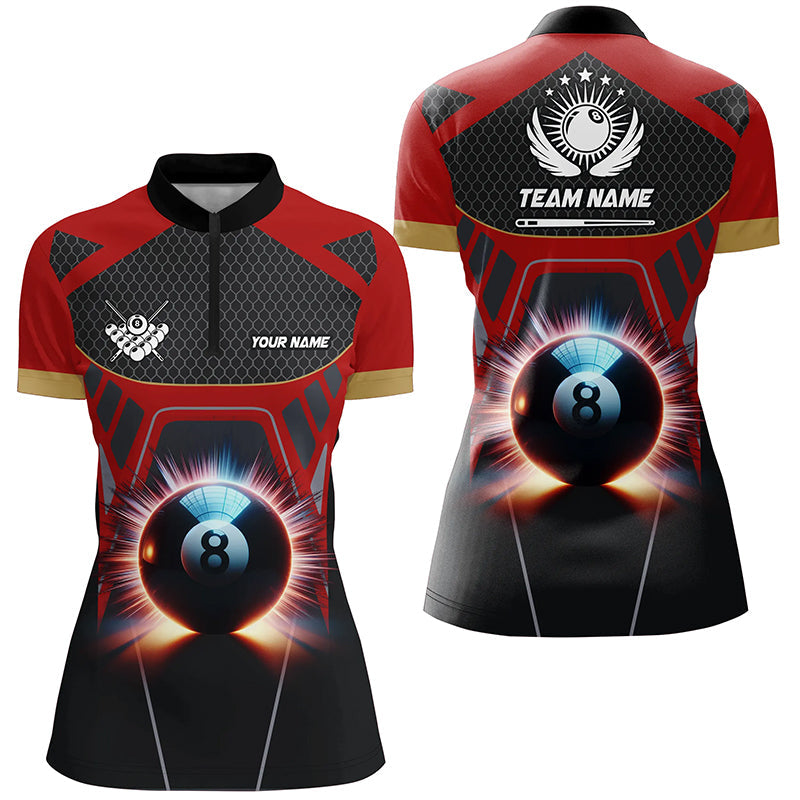 Glowing 8 Ball Pool Billiard Women Quarter-Zip Shirts Custom 3D Billiard Sport Jersey | Red TDM1475