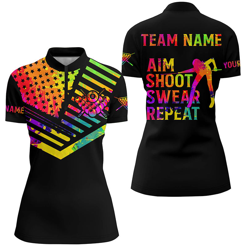 Billiard Aim Shoot Swear Repeat Custom 3D Black Multicolor Quarter-Zip Shirts For Women TDM0626