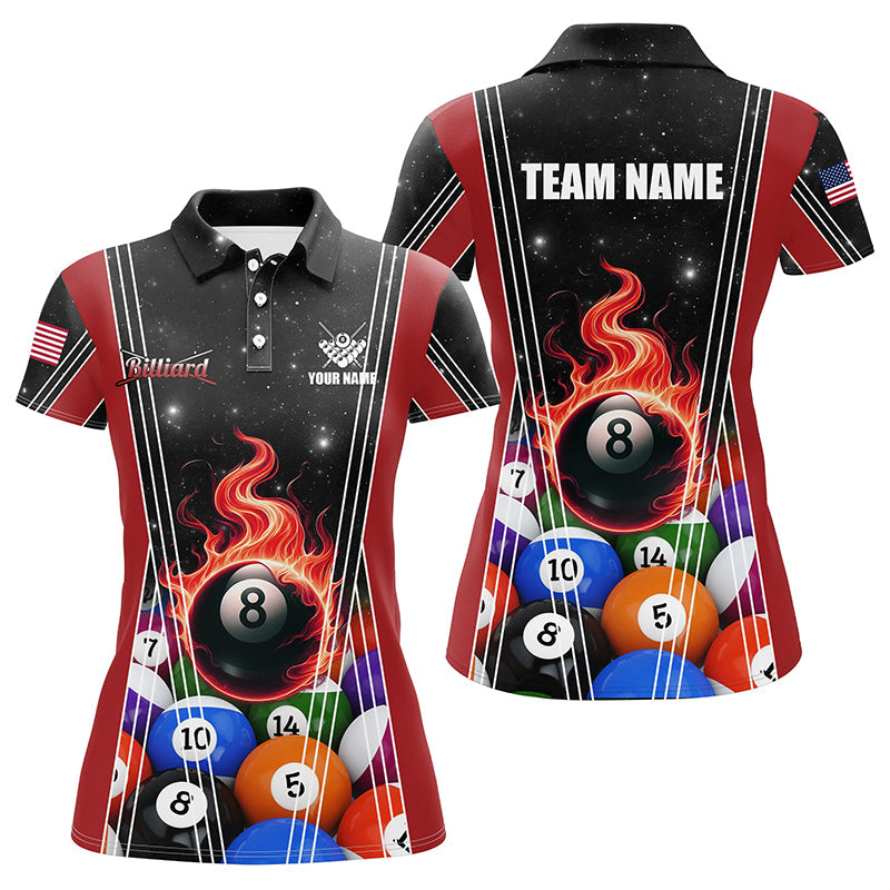 Personalized Red 8 Ball Pool Fire Flame Billiard Balls Women Polo Shirts Custom Billiard Team Jerseys TDM1312