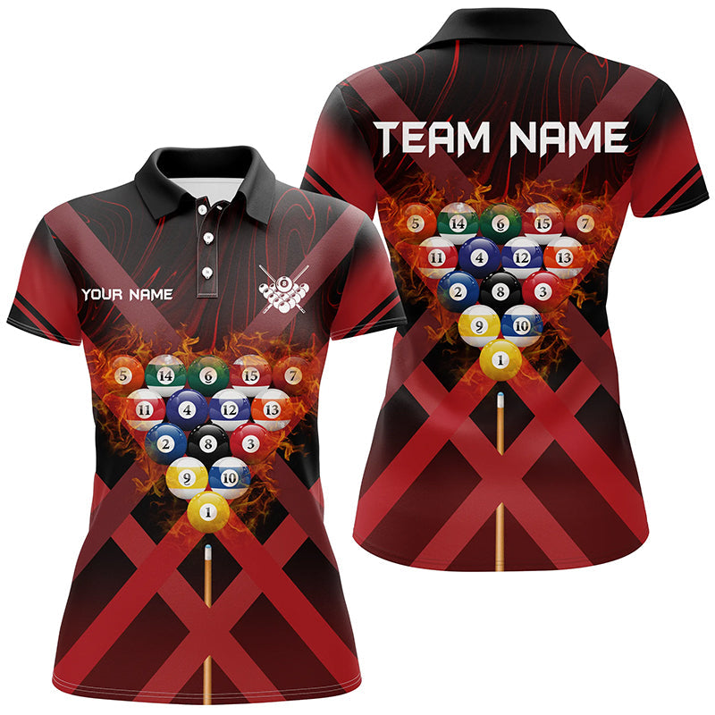 Personalized Red X-Shaped Billiard Balls Flame 3D Women Polo Shirts Best Custom Billiard Attire TDM0435