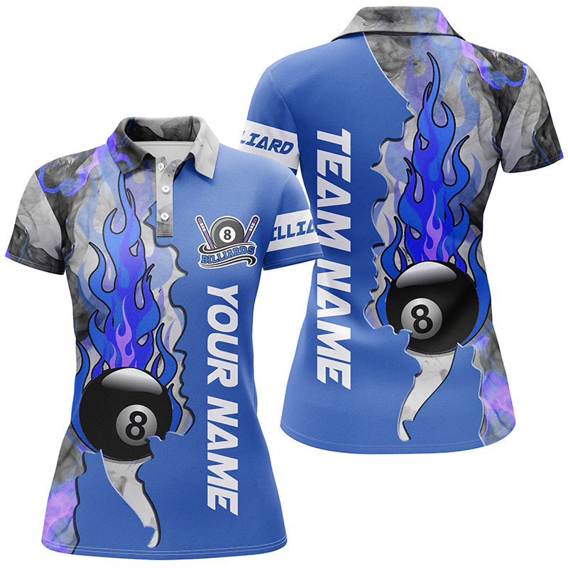 Personalized 8 Ball Fire Smoke Billiard Women's Shirts Blue Version Custom Pool Team Polo Shirts TDM0441