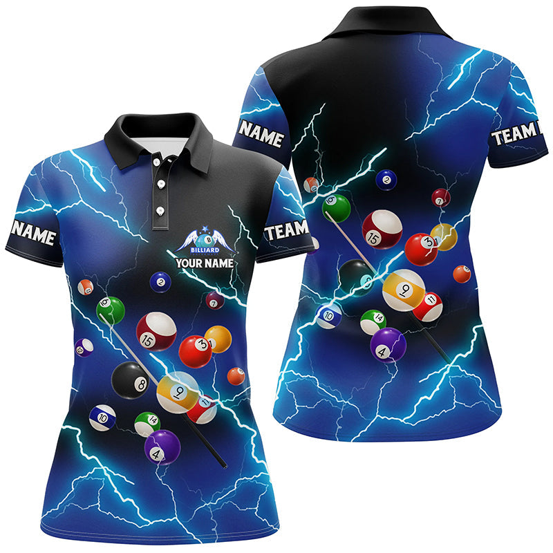 Personalized Billiard Balls Thunder Lightning Blue Version Custom Name 3D Polo Shirts For Women TDM1001