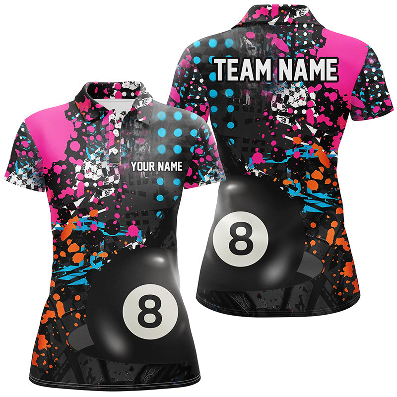 Personalized 8 Ball Pool Grunge Colorful Women Billiard Polo Shirts, Custom Billiards Pool Shirts TDM1004