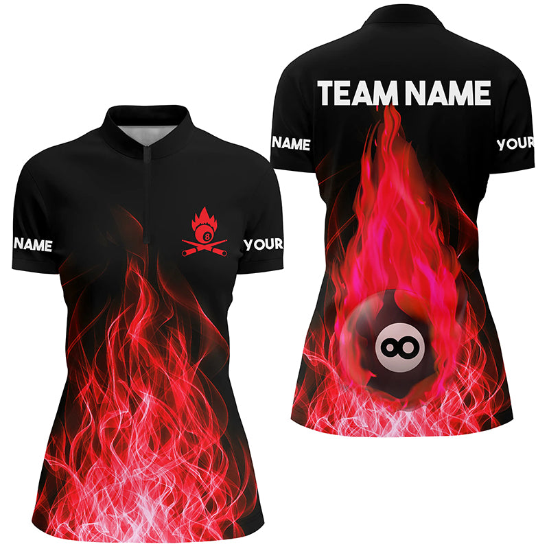 Custom Name Red Flaming Billiard 3D Women Quarter-Zip Shirts Custom Billiard 8 Ball For Team TDM0451