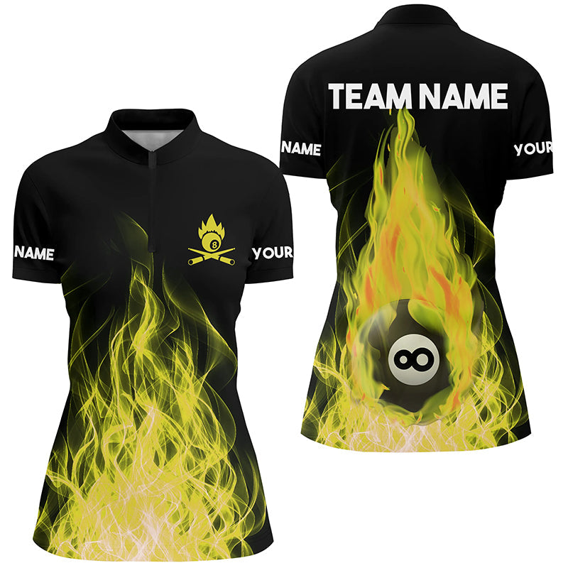 Customized Yellow Flaming Billiard 3D Women Quarter-Zip Shirts Custom Billiard 8 Ball Team TDM0453