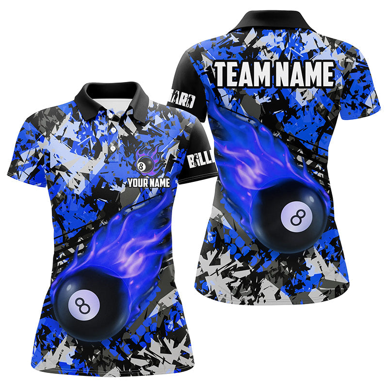 Personalized Blue Billiard Ball 8 Fire Flame Women Polo Shirt Custom 8 Ball Pool Billiard Team Jersey TDM1348