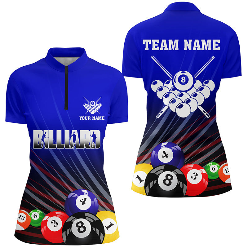 Personalized Blue Billiard Balls Women Quarter-Zip Shirts Custom Team Name Billiard Jerseys TDM0667