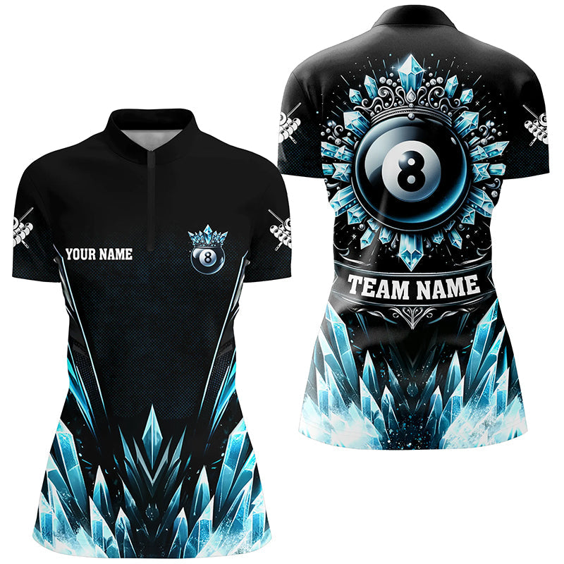 Customized Blue Icy Funny 8 Ball Pool Crown Women Quarter-Zip Shirts Custom Billiard Jerseys TDM1169