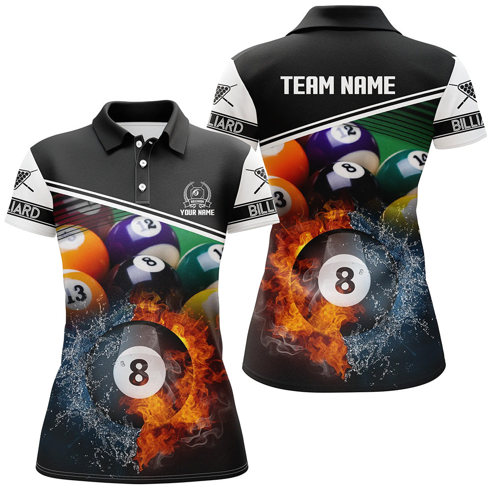 Custom Billiard 8 Ball In Fire And Water 3D Black Polo Shirts For Women, Gifts For Billiard Player TDM1384