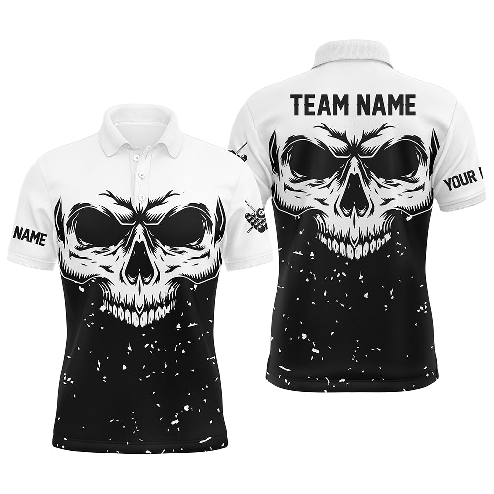Custom Grunge Black White Skull Billiard Men Polo Shirts, 8 Ball Billiards Apparel Clothing TDM0704
