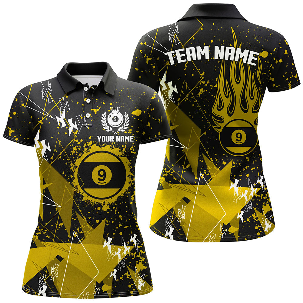Personalized Yellow Grunge 9 Ball Billiard Women Polo Shirts, Custom Billiard Jersey For Pool Player TDM1411
