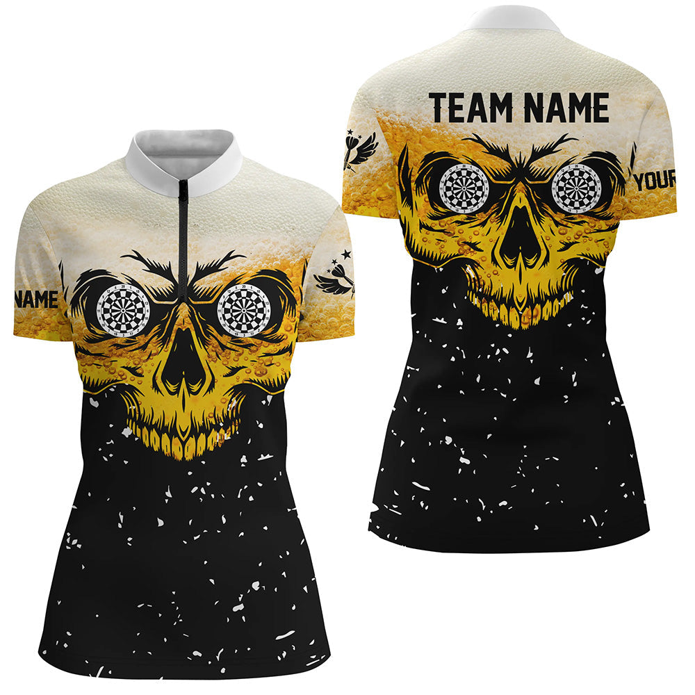 Custom Grunge Yellow Black Skull Darts Women Quarter-Zip Shirts, Team League Darts Shirts TDM1514