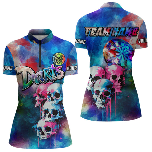 Funny Colorful Neon Graffiti Skull Dart Shirts For Women Custom Dart Jerseys, Best Darts Clothing TDM3794