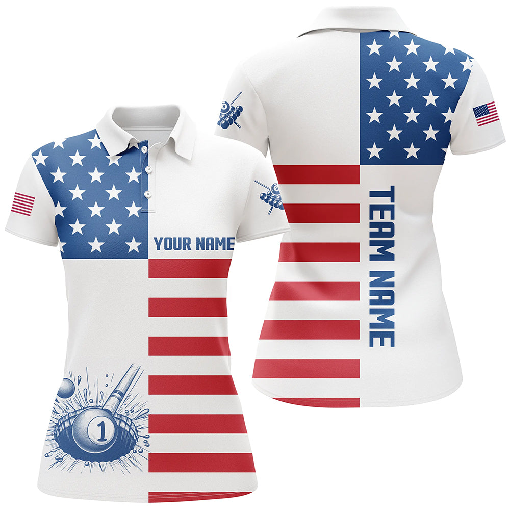 Personalized American Flag Billiard Polo Shirts Custom Name Patriotic Pool Player Shirts For Women TDM1030