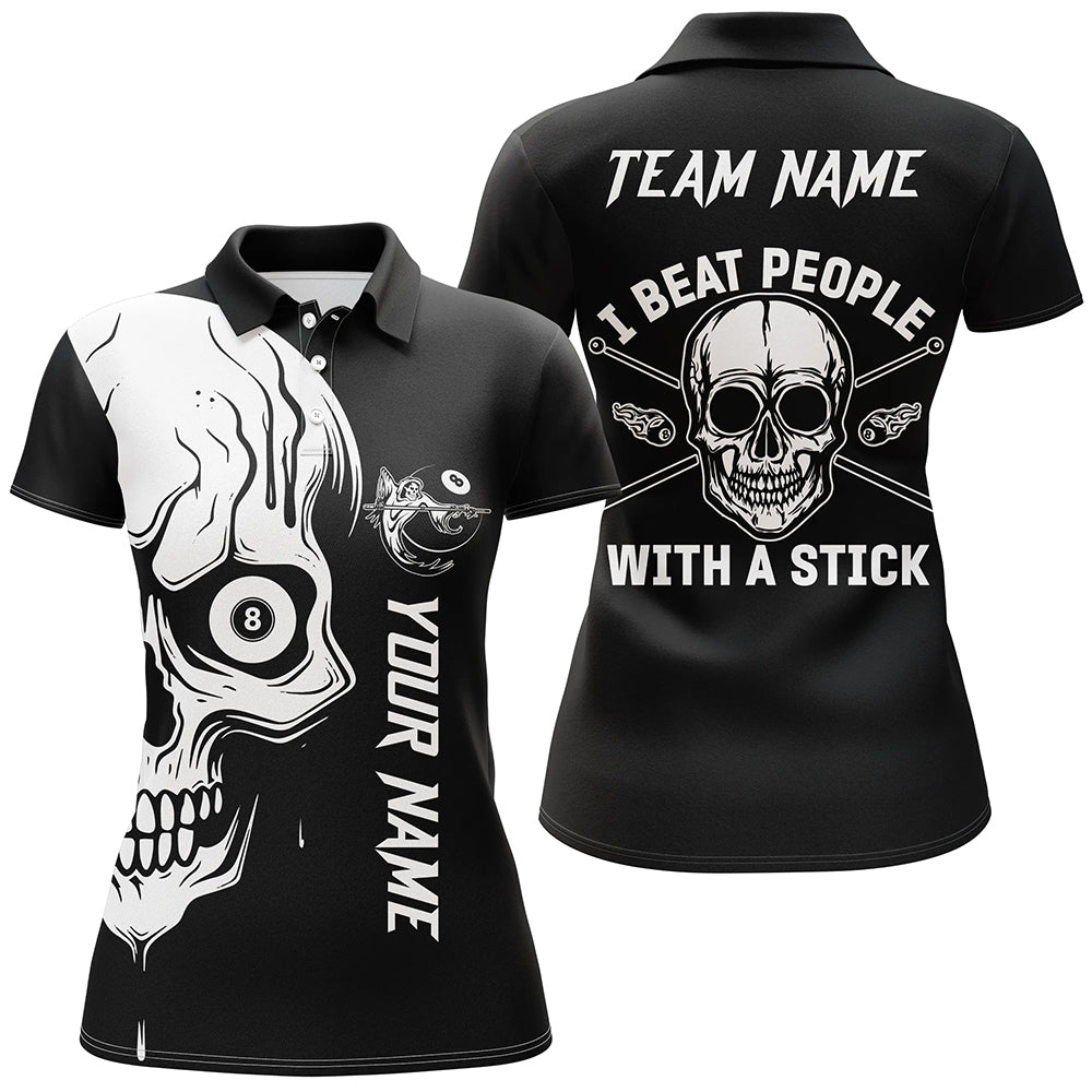 Custom White Skull Billiard I Beat People With A Stick Personalized Name Polo Shirts For Women TDM0686
