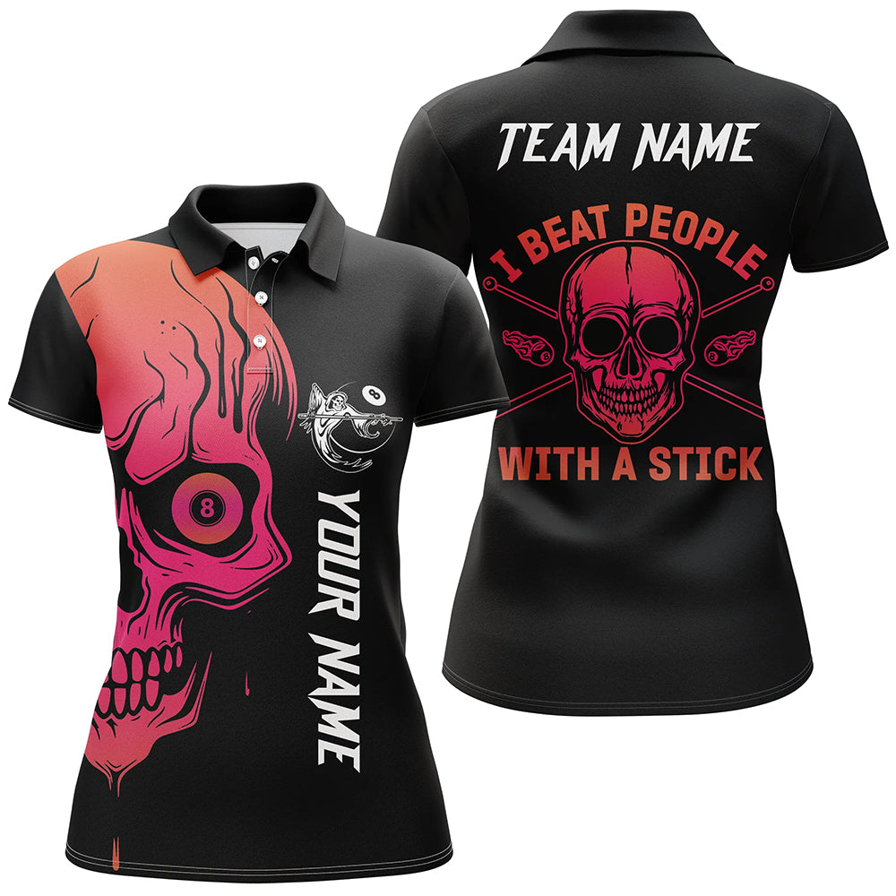 Custom Pink Skull Billiard I Beat People With A Stick Personalized Name Polo Shirts For Women TDM0687