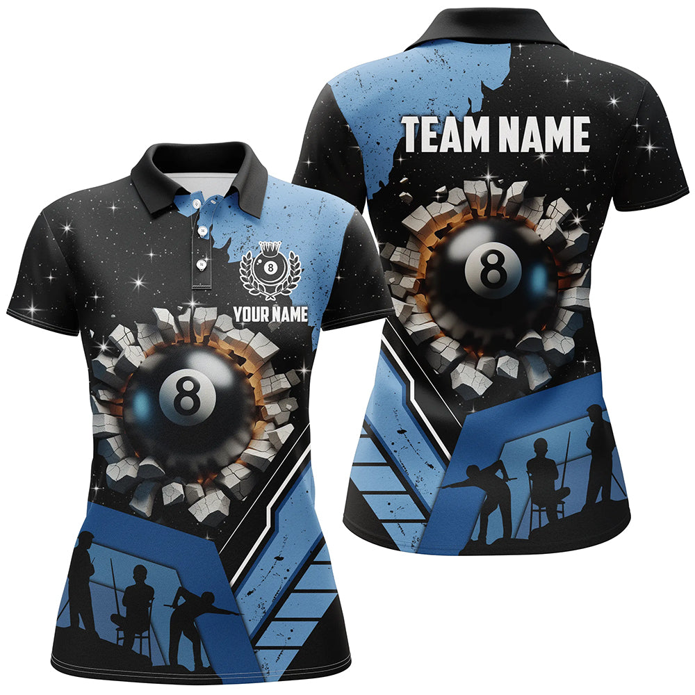 Personalized Blue Funny 8 Ball Pool Crack Women Polo Shirts Custom Team League Billiard Jersey TDM1379