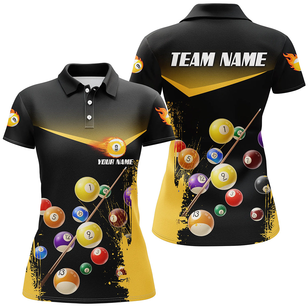 Custom Grunge Yellow 9 Ball Pool Women Polo Shirts Personalized Name 3D Billiard Shirts For Pooler TDM0304