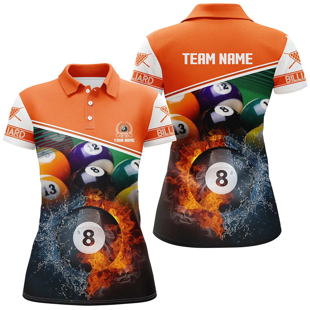 Custom Name Billiard 8 Ball In Fire And Water 3D Orange Women Polo Shirts, Gifts For Billiard Player TDM0491