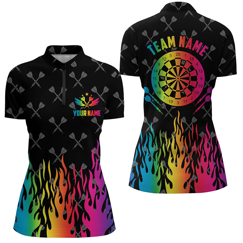 Personalized Colorful Fire Flame Darts Women Quarter-Zip Shirts, Unique Darts Team Jersey TDM1393