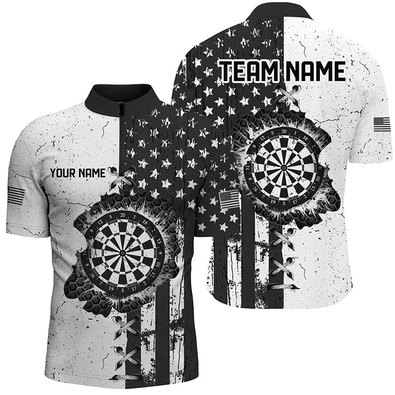 Personalized Black White Grunge US Flag Darts Shirts For Men Custom Patriotic Retro Darts Jerseys TDM1986