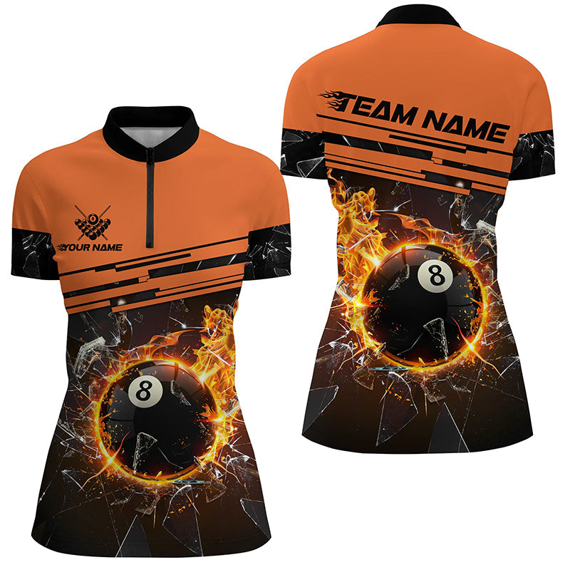 Orange Funny 8 Ball Pool Fire Break Glass Custom Women Billiard Shirt 3D Printed Billiard Team Jersey TDM1804