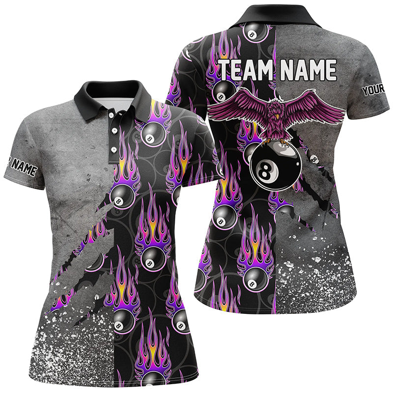 Custom Ball 8 Flame Grey Grunge Billiard Polo Shirts For Women, Best Billiard Team Shirts TDM0731