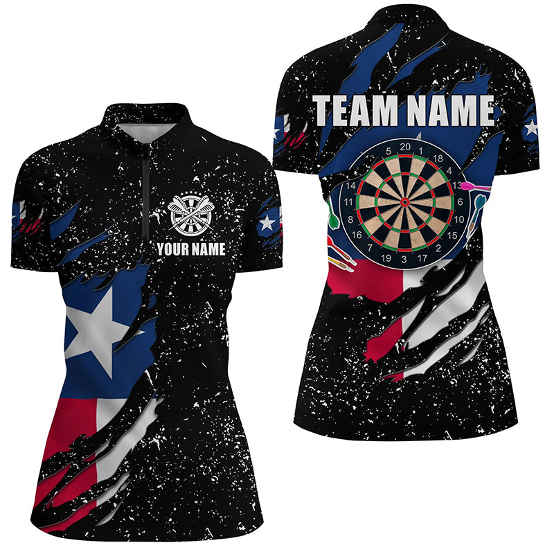 Grunge Texas Flag Dartboard Polo & Quarter-Zip Shirts For Women Custom Patriotic Darts Jerseys Attire TDM1647