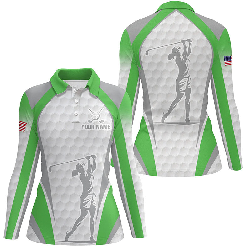 White And Green Womens Golf Polo Shirts Custom Name Team Ladies Golf Tops, Best Golf Outfit TDM1868