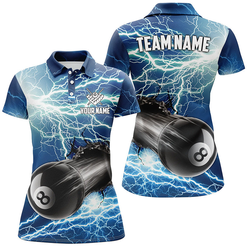 Funny 8 Ball Pool Rush Out Custom Thunder Lightning Blue Women Polo Shirts, Best Billiard Team Shirts TDM0966