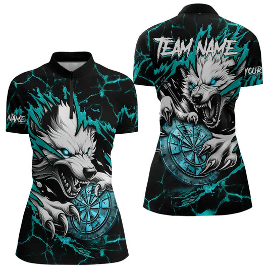 Personalized Wolf Lightning Darts Polo & Quarter Zip Custom Women Dart Shirts Darts Jersey |Turquoise TDM3772