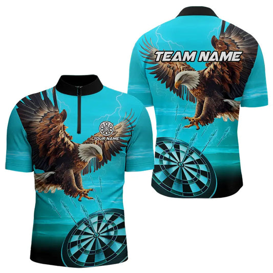 Personalized Cyan Blue Dartboard Eagle Dart Shirts For Men Custom Team Darts Jersey Polo & 1/4 Zip TDM3810