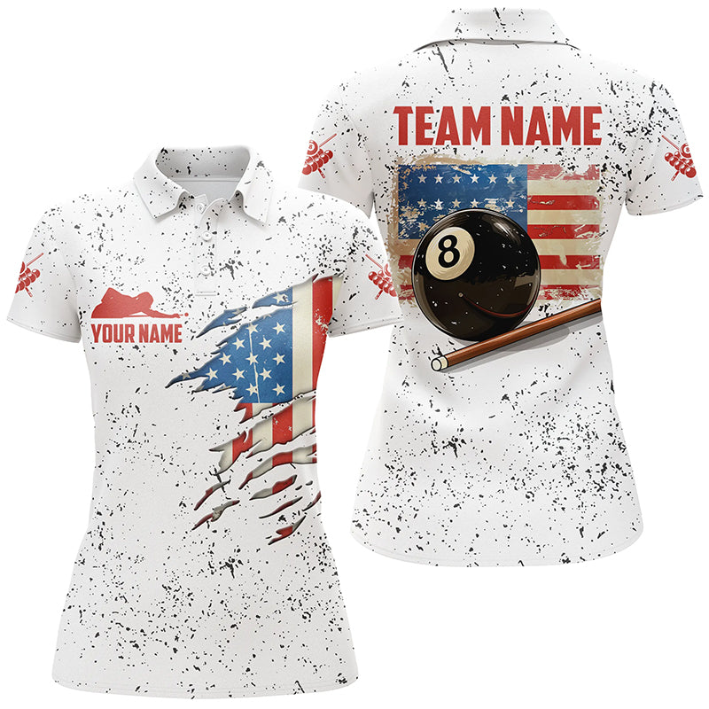 American Flag Grunge Style Billiard Polo Shirts For Women Custom Patriotic 8 Ball Billiard Shirts TDM1378