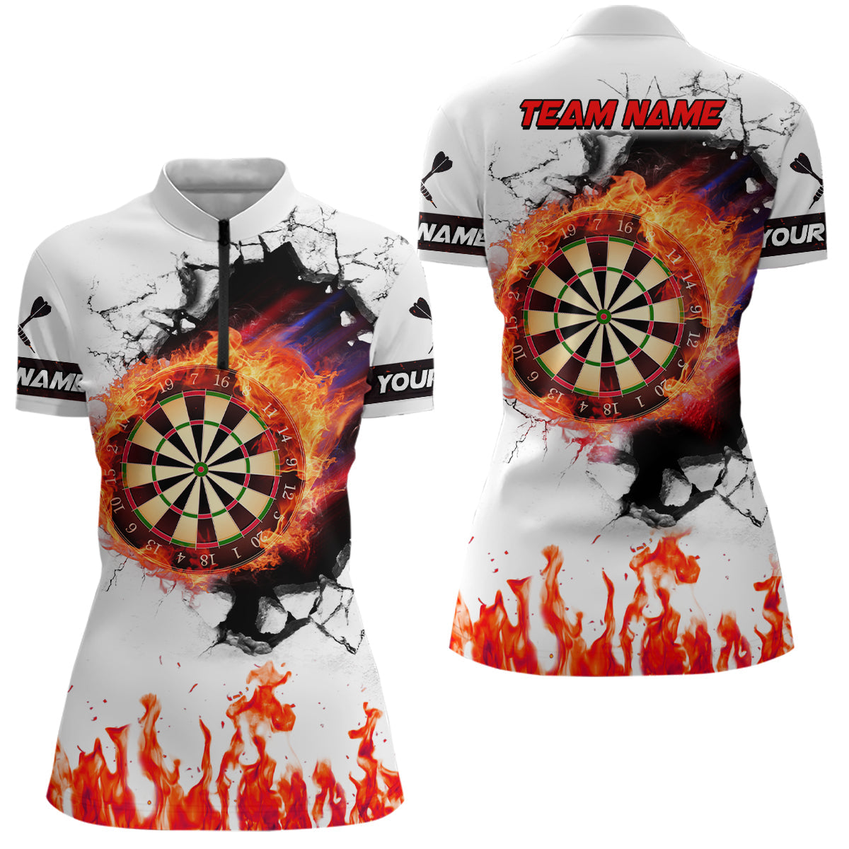 Orange Dartboard Fire Flame 3D Darts Quarter-Zip Shirts For Women Custom Darts Team Shirts TDM1391