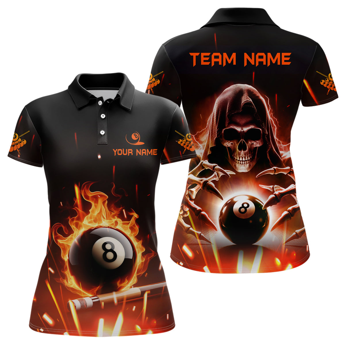 Billiard Skeleton Flaming 8 Ball Pool Personalized Women Polo Shirts Custom Pool League Team Shirts TDM1075