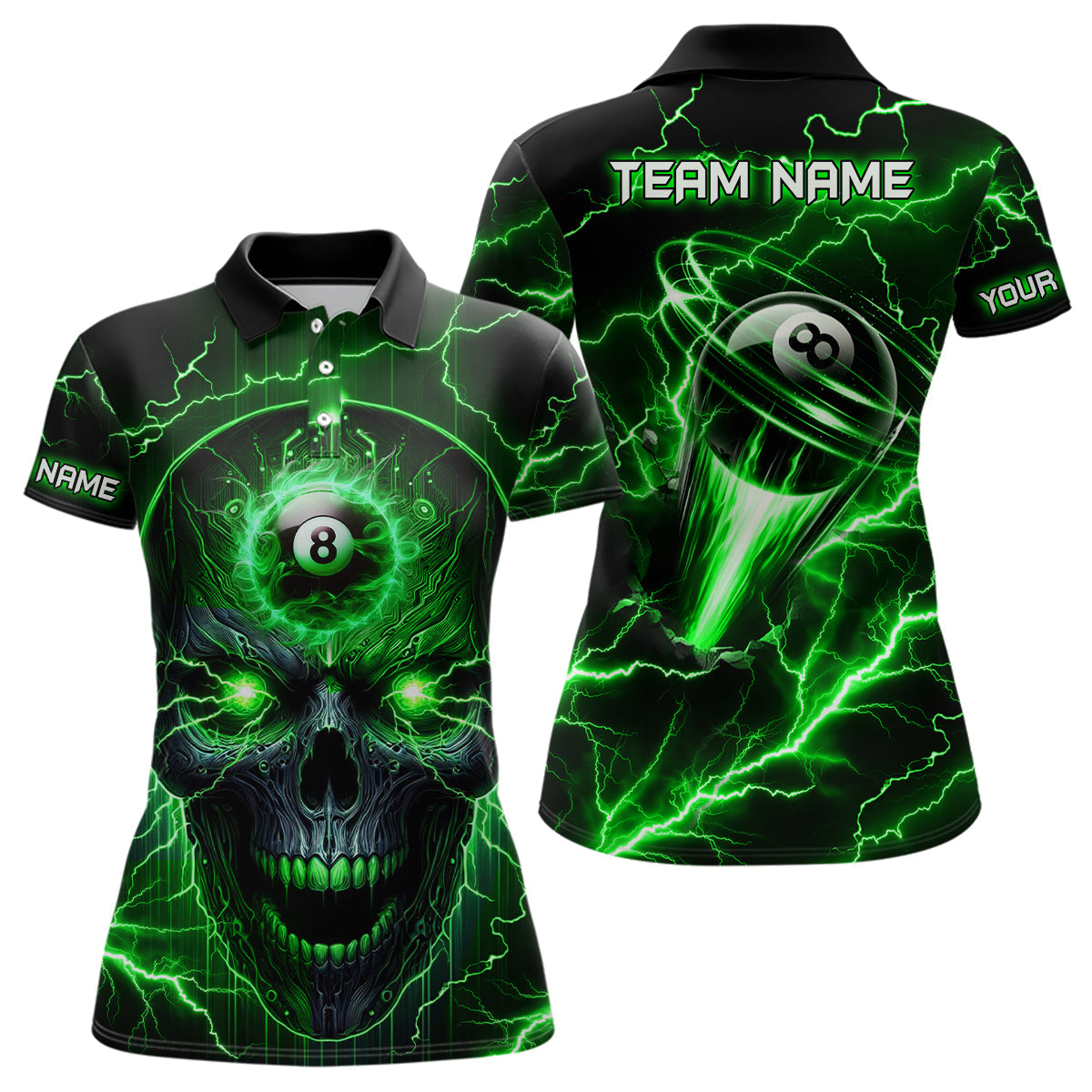 Personalized Skull Billiard Polo Shirts For Women Custom Name 8 Ball Pool Billiard Jerseys |Green TDM1097