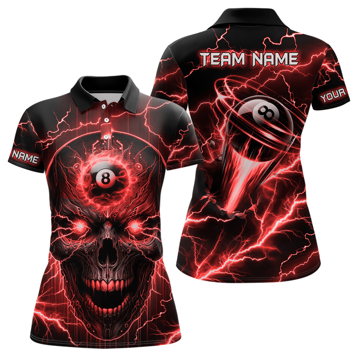 Personalized Skull Billiard Polo Shirts For Women Custom Name 8 Ball Pool Billiard Jerseys |Red TDM1099
