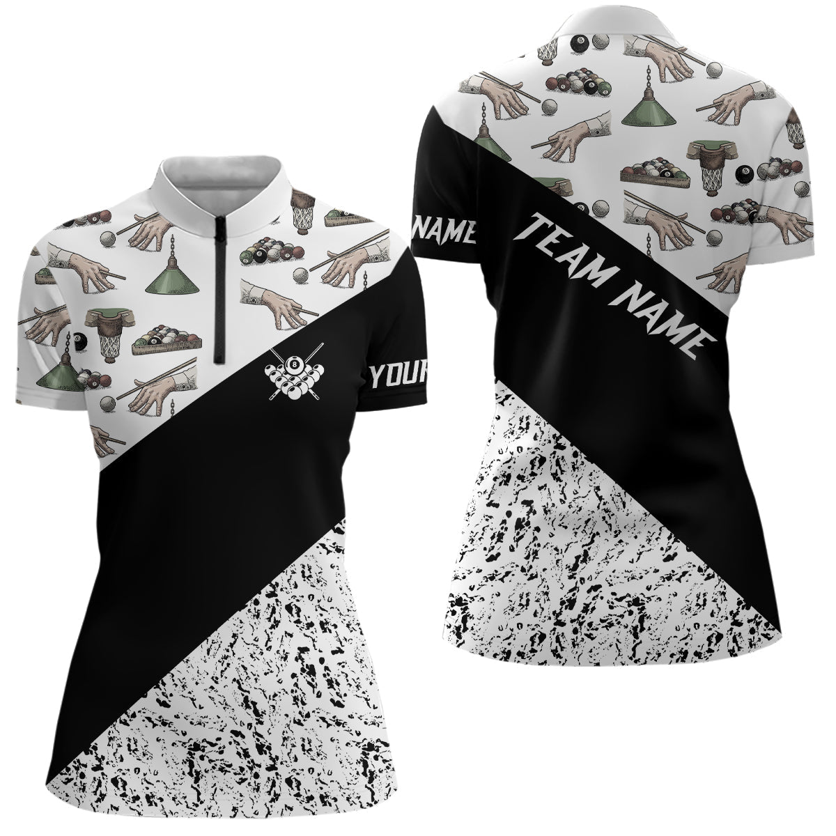 Custom Grunge Black White Billiard Women Quarter-Zip Shirts, Best Billiard Shirts Design TDM0732