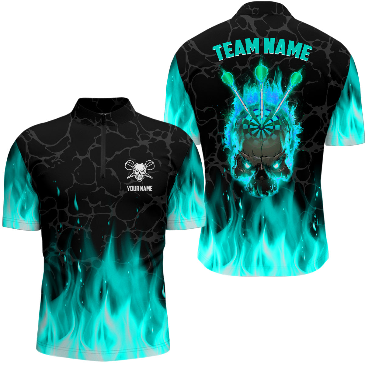 Fire Flame Skull Mens Darts Polo & Quarter Zip Shirt Custom Scary Darts Team Jerseys | Turquoise TDM2552