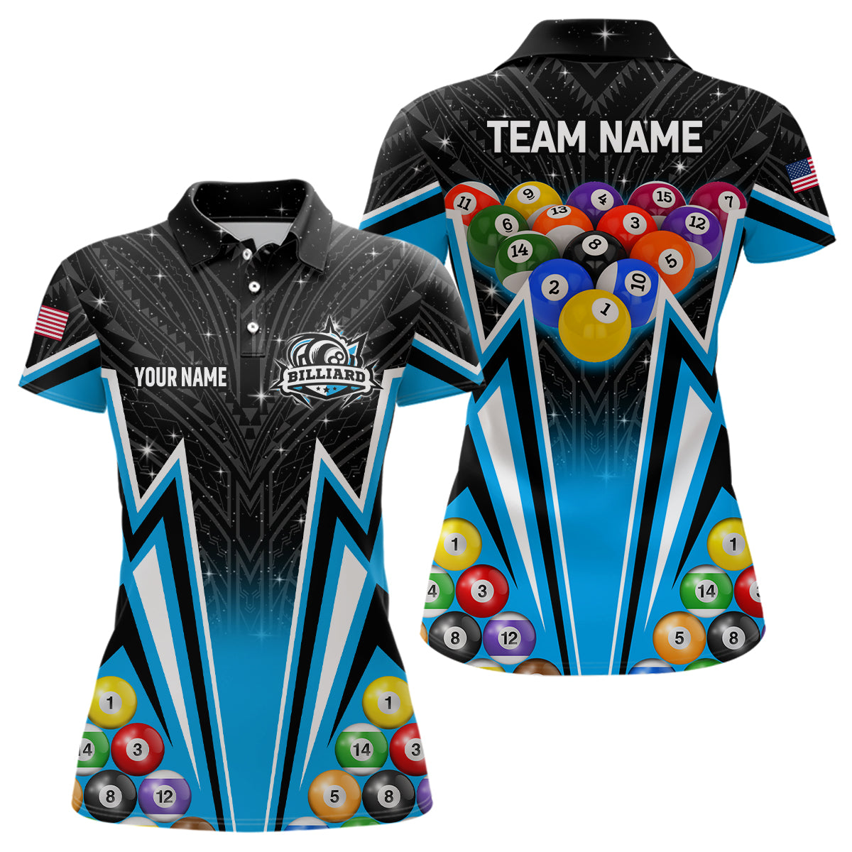 Customized Blue 3D 8 Ball Billiard Jerseys Women Polo Shirts, 8 Ball Pool Team League Billiard Shirts TDM1150