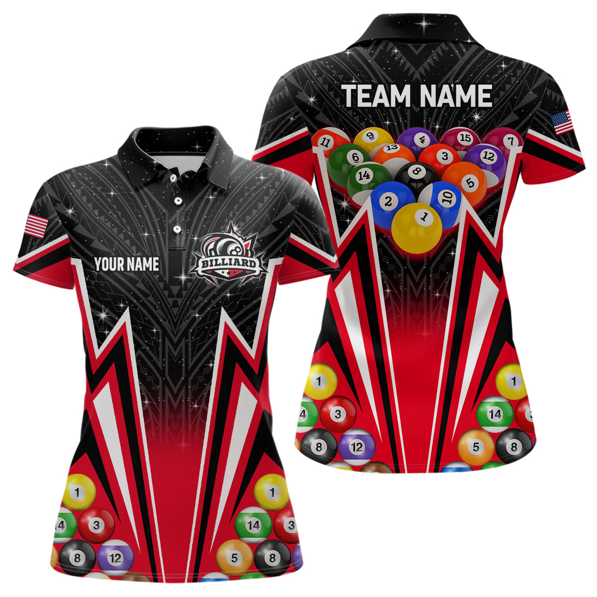 Customized Red 3D 8 Ball Billiard Jerseys Women Polo Shirts, 8 Ball Pool Team League Billiard Shirts TDM1151