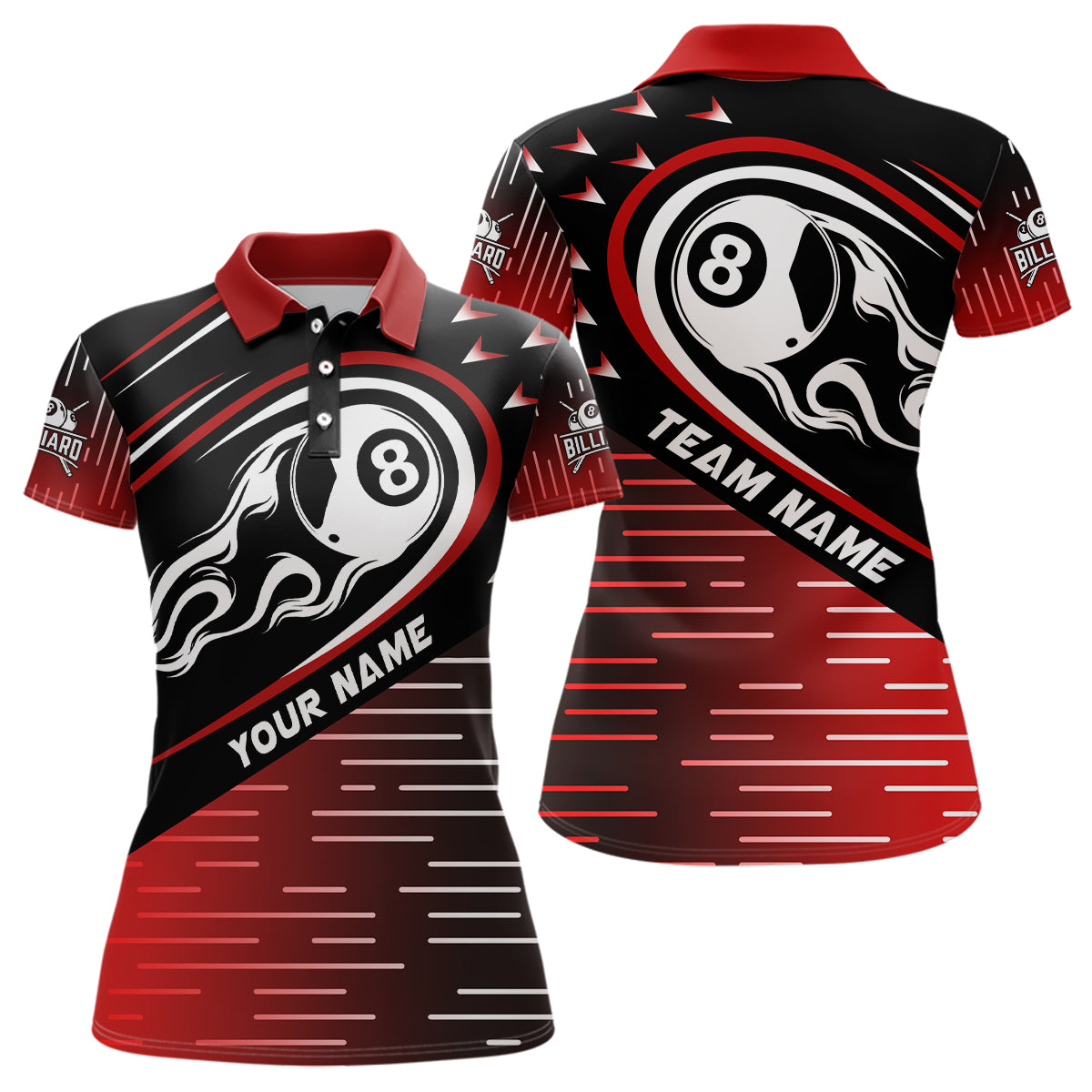 Personalized Red Black Flaming 8 Ball Polo Shirts For Women Best Custom Billiard Team Shirts TDM0455