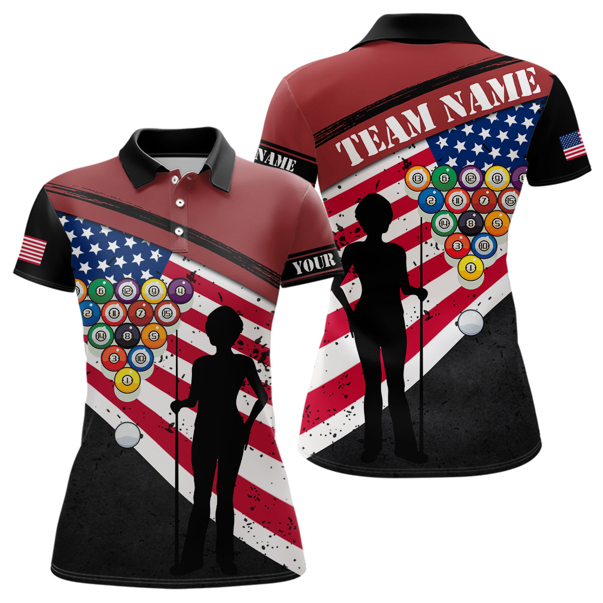 Custom Black Red American Flag Billiard 3D Printed Polo Shirts For Women Custom Pool Player Shirts TDM0258
