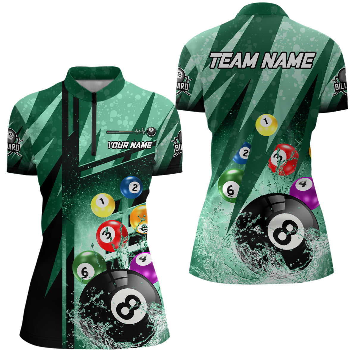 Personalized Billiard Balls In Water 3D Green Women Quarter-Zip Shirts Custom 8 Ball Apparel TDM0481