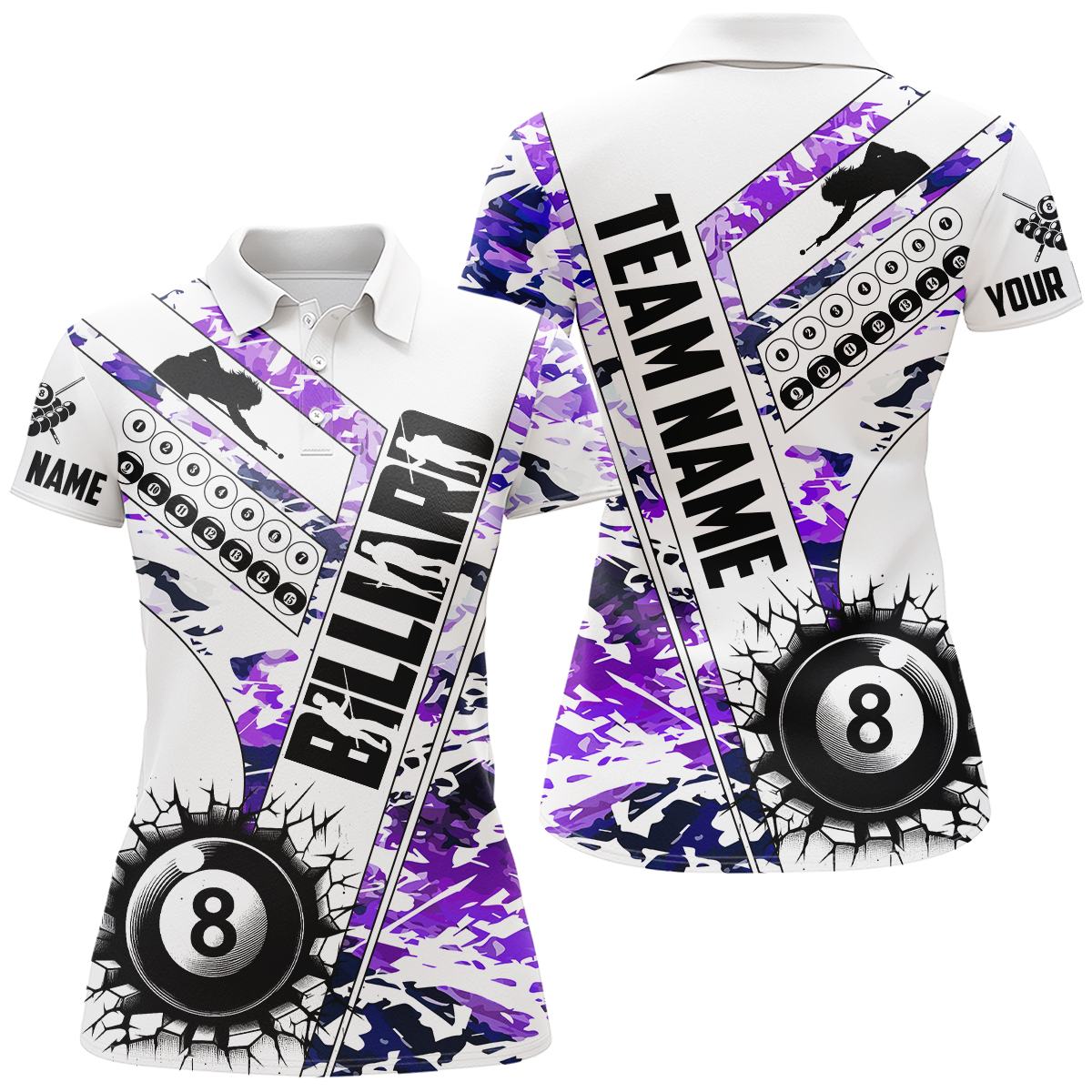 Cracky Billiard 8 Ball Pool With Camo Women Polo Shirts Custom Team League Billiard Shirts| Purple TDM0952
