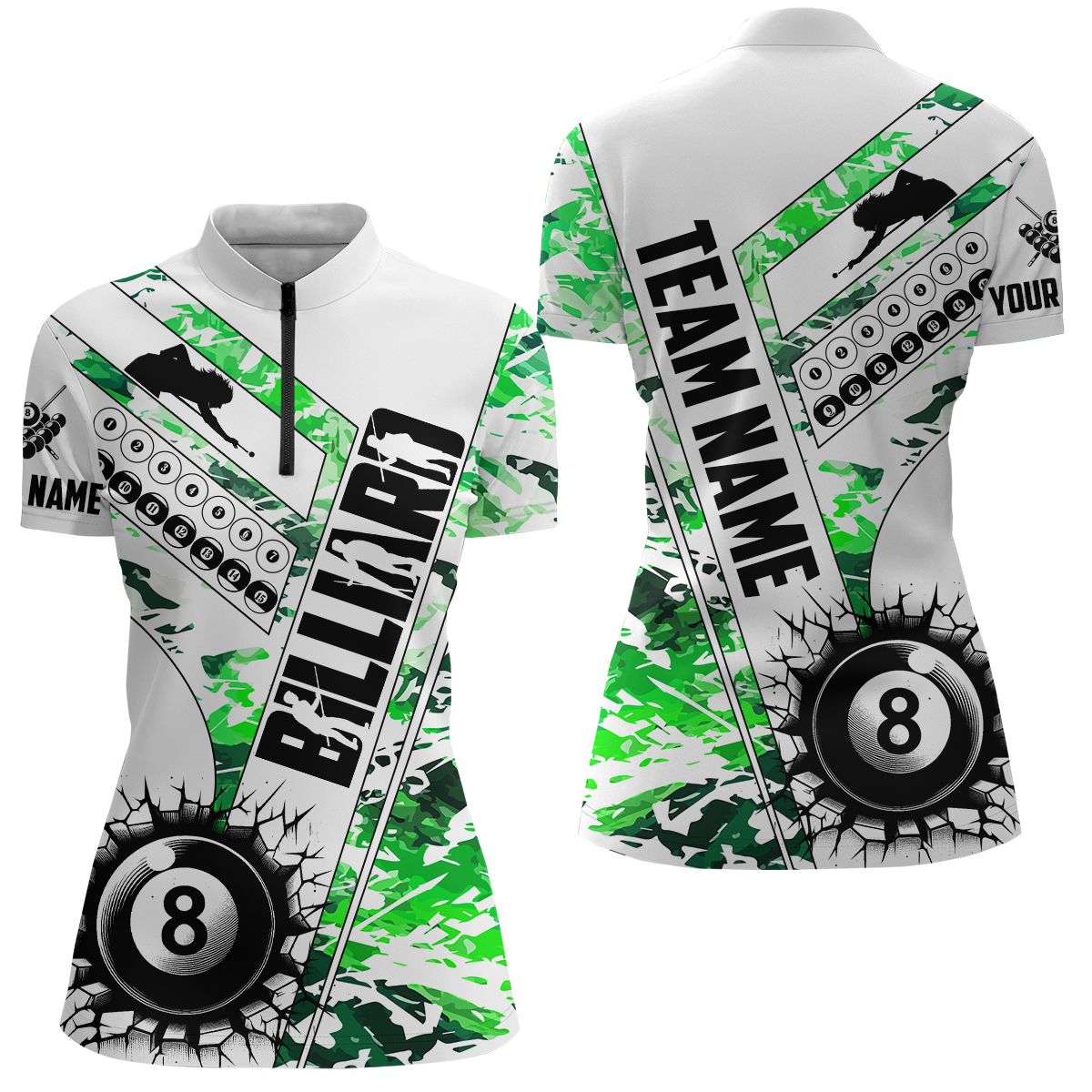 Cracky Billiard 8 Ball Pool Camo Green Women Quarter-Zip Custom Team League Billiard Shirts TDM0953