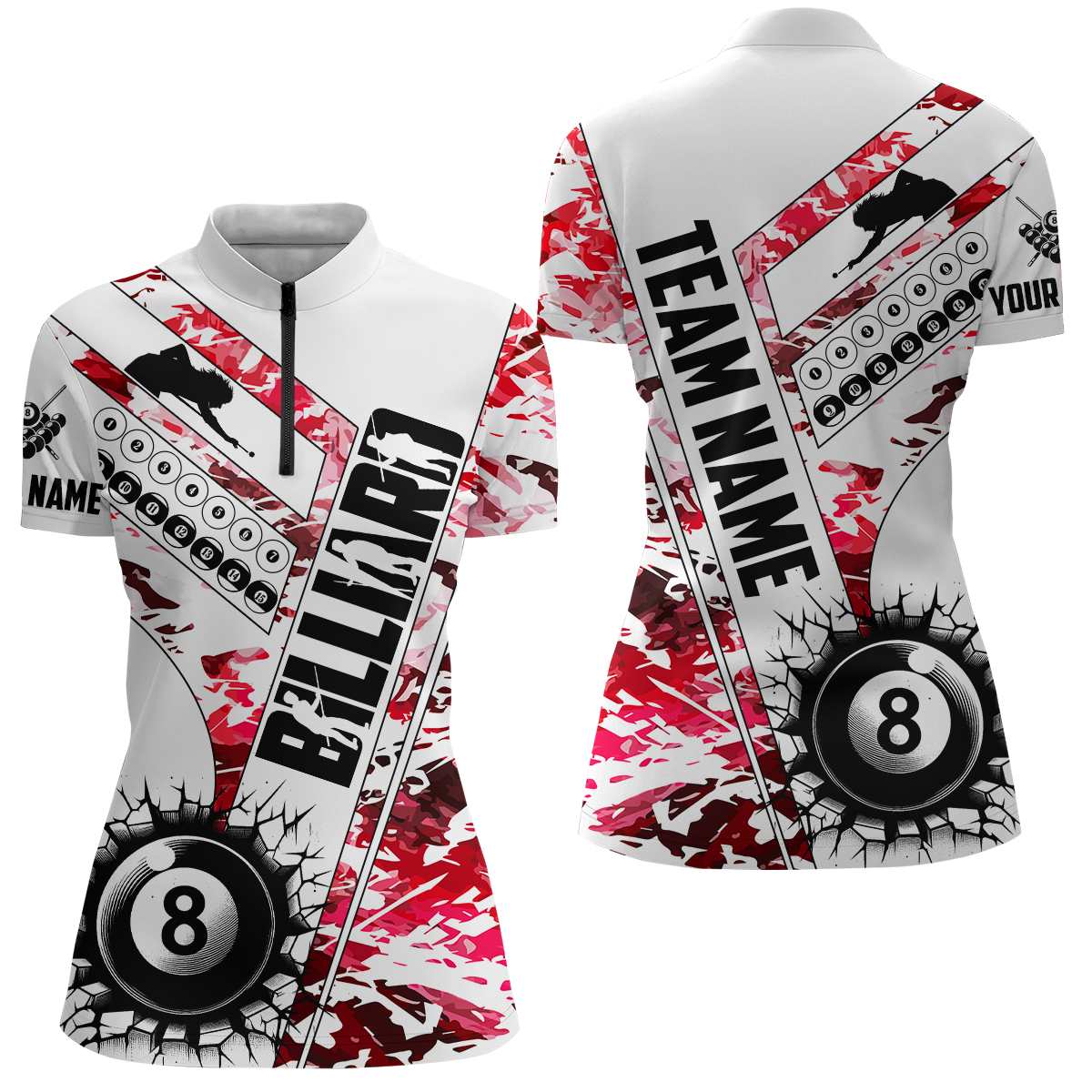 Cracky Billiard 8 Ball Pool Camo Red Women Quarter-Zip Custom Team League Billiard Shirts TDM0951