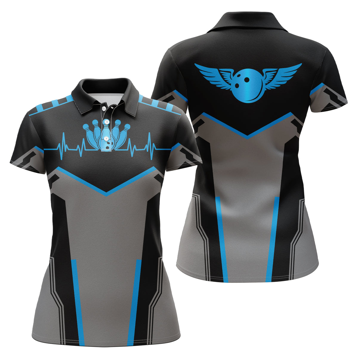 Bowling Polo-Hemd, bowlingkugel und kegel Herzschlag, Team-Bowling-Hemden | Blau NQS4434