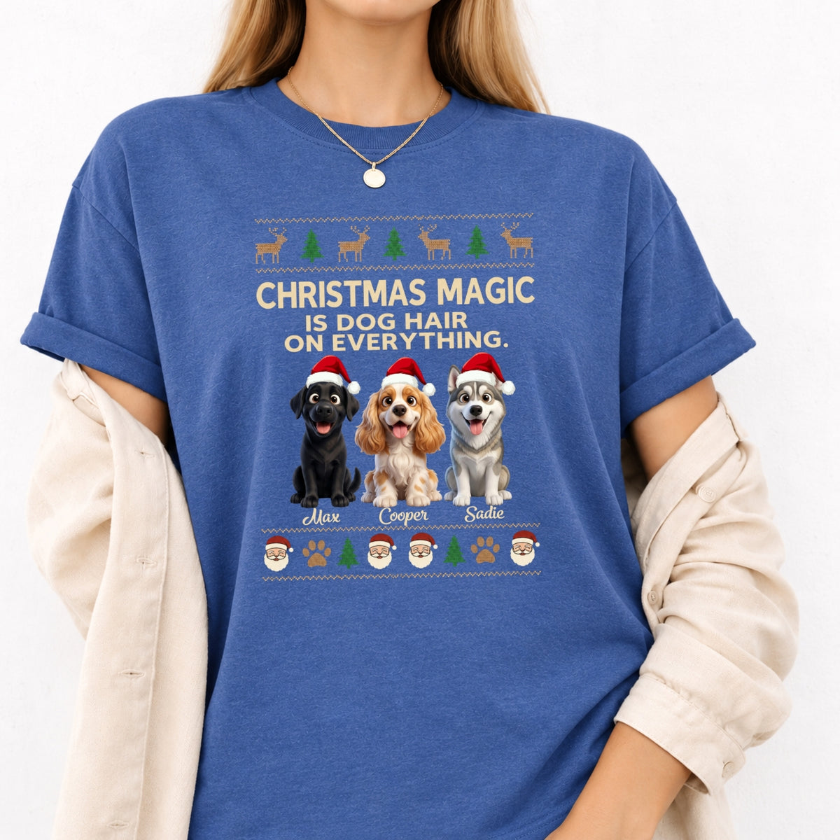 Funny Custom Dogs Christmas T-Shirt, Christmas Magic Is Dog Hair On Everything Personalized Pet Shirt FSDM90